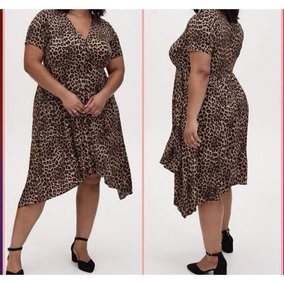 Torrid Leopard Print Button Front Sharkbite Asymmetric Hem Midi Dress Sz 2 (2X) - Picture 1 of 15